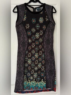 Gabby Skye Black Dress with Teal, Red and Cream Hex Motifs